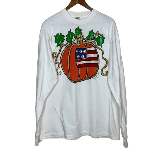 Vintage Lisa Coufal 1990 Tee Shirt Glitter Puffy Paint Jewel Pumpkin USA Flag XL - Picture 1 of 8